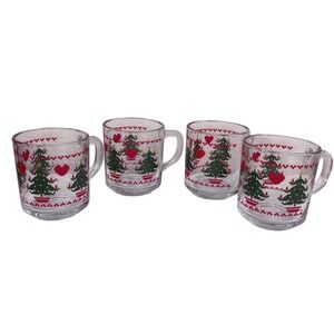 Vintage Christmas Glass Mugs Set of 4 Pixel Tree Heart Holiday‎ Decor USA